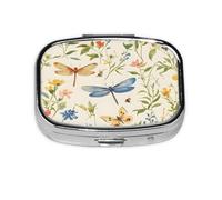 Square Pill Box, Mini Metal Pill Case for Pocket Purse, Dragonfly Botanical Flowers Small Pill Organizer for Travel, 2 Compartment Pill Holder, 2.2x1.6x0.7in