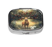 Square Pill Box, Mini Metal Pill Case for Pocket Purse, Fantasy Deer Fox Small Pill Organizer for Travel, 2 Compartment Pill Holder, 2.2x1.6x0.7in