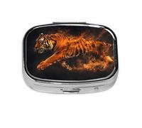 Square Pill Box, Mini Metal Pill Case for Pocket Purse, Fiery Running Tiger Flames Small Pill Organizer for Travel, 2 Compartment Pill Holder, 2.2x1.6x0.7in