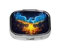 Square Pill Box, Mini Metal Pill Case for Pocket Purse, Fire Ice Phoenix Flames Small Pill Organizer for Travel, 2 Compartment Pill Holder, 2.2x1.6x0.7in