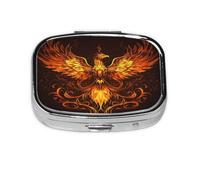 Square Pill Box, Mini Metal Pill Case for Pocket Purse, Fire Phoenix Animal Small Pill Organizer for Travel, 2 Compartment Pill Holder, 2.2x1.6x0.7in