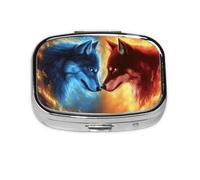 Square Pill Box, Mini Metal Pill Case for Pocket Purse, Fire Two Wolves Wolf Small Pill Organizer for Travel, 2 Compartment Pill Holder, 2.2x1.6x0.7in