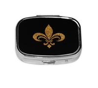 Square Pill Box, Mini Metal Pill Case for Pocket Purse, Fleur De Lis Flower Gold Small Pill Organizer for Travel, 2 Compartment Pill Holder, 2.2x1.6x0.7in