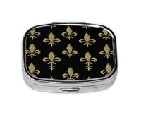 Square Pill Box, Mini Metal Pill Case for Pocket Purse, Fleur De Lis Flower Small Pill Organizer for Travel, 2 Compartment Pill Holder, 2.2x1.6x0.7in