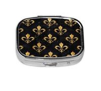 Square Pill Box, Mini Metal Pill Case for Pocket Purse, Fleur De Lis Gold Glitter Small Pill Organizer for Travel, 2 Compartment Pill Holder, 2.2x1.6x0.7in