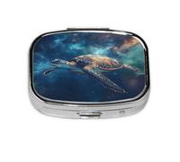 Square Pill Box, Mini Metal Pill Case for Pocket Purse, Galaxy Nebula Space Turtle Small Pill Organizer for Travel, 2 Compartment Pill Holder, 2.2x1.6x0.7in