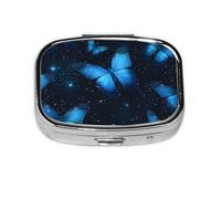 Square Pill Box, Mini Metal Pill Case for Pocket Purse, Galaxy Star Blue Butterfly Small Pill Organizer for Travel, 2 Compartment Pill Holder, 2.2x1.6x0.7in