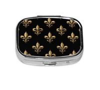 Square Pill Box, Mini Metal Pill Case for Pocket Purse, Gold Fleur De Lis Flower Small Pill Organizer for Travel, 2 Compartment Pill Holder, 2.2x1.6x0.7in