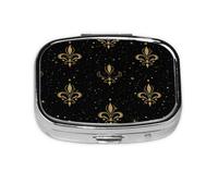 Square Pill Box, Mini Metal Pill Case for Pocket Purse, Gold Fleur De Lis Flower Stars Small Pill Organizer for Travel, 2 Compartment Pill Holder, 2.2x1.6x0.7in