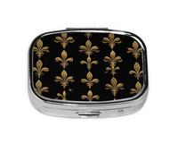 Square Pill Box, Mini Metal Pill Case for Pocket Purse, Gold Glitter Fleur De Lis Small Pill Organizer for Travel, 2 Compartment Pill Holder, 2.2x1.6x0.7in