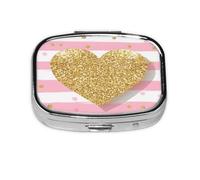 Square Pill Box, Mini Metal Pill Case for Pocket Purse, Gold Glitter Heart Stripe Small Pill Organizer for Travel, 2 Compartment Pill Holder, 2.2x1.6x0.7in