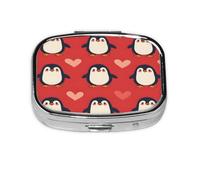 Square Pill Box, Mini Metal Pill Case for Pocket Purse, Hearts Cute Penguins Small Pill Organizer for Travel, 2 Compartment Pill Holder, 2.2x1.6x0.7in