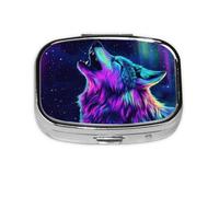 Square Pill Box, Mini Metal Pill Case for Pocket Purse, Howling Wolf Galaxy Small Pill Organizer for Travel, 2 Compartment Pill Holder, 2.2x1.6x0.7in