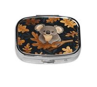 Square Pill Box, Mini Metal Pill Case for Pocket Purse, Koala Oak Leaves Pattern Small Pill Organizer for Travel, 2 Compartment Pill Holder, 2.2x1.6x0.7in