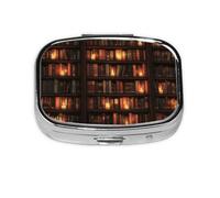 Square Pill Box, Mini Metal Pill Case for Pocket Purse, Library Wall Books Candlelight Small Pill Organizer for Travel, 2 Compartment Pill Holder, 2.2x1.6x0.7in