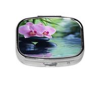 Square Pill Box, Mini Metal Pill Case for Pocket Purse, Orchid Flower Japanese Zen Small Pill Organizer for Travel, 2 Compartment Pill Holder, 2.2x1.6x0.7in