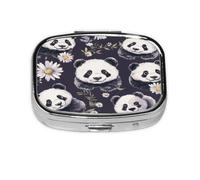 Square Pill Box, Mini Metal Pill Case for Pocket Purse, Panda Daisy Flowers Small Pill Organizer for Travel, 2 Compartment Pill Holder, 2.2x1.6x0.7in