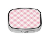 Square Pill Box, Mini Metal Pill Case for Pocket Purse, Pastel Pink Plaid Pattern Small Pill Organizer for Travel, 2 Compartment Pill Holder, 2.2x1.6x0.7in