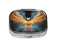 Square Pill Box, Mini Metal Pill Case for Pocket Purse, Phoenix Animal Small Pill Organizer for Travel, 2 Compartment Pill Holder, 2.2x1.6x0.7in