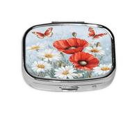 Square Pill Box, Mini Metal Pill Case for Pocket Purse, Poppy Daisy Butterfly Flowers Art Small Pill Organizer for Travel, 2 Compartment Pill Holder, 2.2x1.6x0.7in