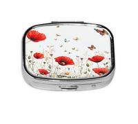 Square Pill Box, Mini Metal Pill Case for Pocket Purse, Red Poppy Daisy Butterfly Flowers Small Pill Organizer for Travel, 2 Compartment Pill Holder, 2.2x1.6x0.7in