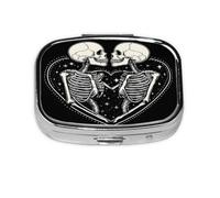 Square Pill Box, Mini Metal Pill Case for Pocket Purse, Romantic Skeletons Skull Stars Small Pill Organizer for Travel, 2 Compartment Pill Holder, 2.2x1.6x0.7in