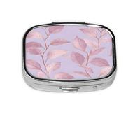 Square Pill Box, Mini Metal Pill Case for Pocket Purse, Rose Gold Glitter Leaves Small Pill Organizer for Travel, 2 Compartment Pill Holder, 2.2x1.6x0.7in