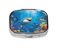 Square Pill Box, Mini Metal Pill Case for Pocket Purse, Sea Ocean Shark Fishes Small Pill Organizer for Travel, 2 Compartment Pill Holder, 2.2x1.6x0.7in