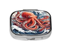 Square Pill Box, Mini Metal Pill Case for Pocket Purse, Sea Ocean Waves Octopus Small Pill Organizer for Travel, 2 Compartment Pill Holder, 2.2x1.6x0.7in