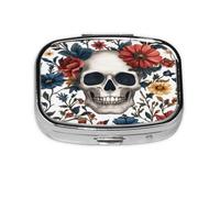 Square Pill Box, Mini Metal Pill Case for Pocket Purse, Skull Daisy Flowers Small Pill Organizer for Travel, 2 Compartment Pill Holder, 2.2x1.6x0.7in