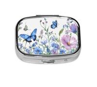 Square Pill Box, Mini Metal Pill Case for Pocket Purse, Spring Wildflowers Blue Butterfly Art Small Pill Organizer for Travel, 2 Compartment Pill Holder, 2.2x1.6x0.7in