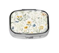 Square Pill Box, Mini Metal Pill Case for Pocket Purse, Spring Wildflowers Herbs Butterfly Small Pill Organizer for Travel, 2 Compartment Pill Holder, 2.2x1.6x0.7in