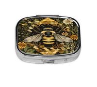 Square Pill Box, Mini Metal Pill Case for Pocket Purse, Summer Bees Daisy Flower Small Pill Organizer for Travel, 2 Compartment Pill Holder, 2.2x1.6x0.7in