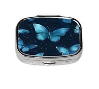 Square Pill Box, Mini Metal Pill Case for Pocket Purse, Summer Blue Butterfly Pattern Small Pill Organizer for Travel, 2 Compartment Pill Holder, 2.2x1.6x0.7in
