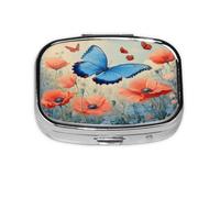 Square Pill Box, Mini Metal Pill Case for Pocket Purse, Summer Butterfly Poppies Flower Small Pill Organizer for Travel, 2 Compartment Pill Holder, 2.2x1.6x0.7in