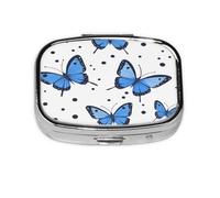 Square Pill Box, Mini Metal Pill Case for Pocket Purse, Suumer Blue Butterfly Patterns Small Pill Organizer for Travel, 2 Compartment Pill Holder, 2.2x1.6x0.7in
