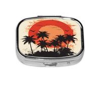 Square Pill Box, Mini Metal Pill Case for Pocket Purse, Tropical Palm Trees Sunset Small Pill Organizer for Travel, 2 Compartment Pill Holder, 2.2x1.6x0.7in