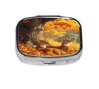 Square Pill Box, Mini Metal Pill Case for Pocket Purse, Two Deers Autumn Leaves Small Pill Organizer for Travel, 2 Compartment Pill Holder, 2.2x1.6x0.7in