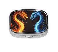 Square Pill Box, Mini Metal Pill Case for Pocket Purse, Two Dragons Fire Small Pill Organizer for Travel, 2 Compartment Pill Holder, 2.2x1.6x0.7in