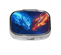 Square Pill Box, Mini Metal Pill Case for Pocket Purse, Two Dragons Flames Fire Small Pill Organizer for Travel, 2 Compartment Pill Holder, 2.2x1.6x0.7in