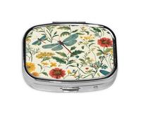 Square Pill Box, Mini Metal Pill Case for Pocket Purse, Vintage Dragonfly Herbs Flowers Small Pill Organizer for Travel, 2 Compartment Pill Holder, 2.2x1.6x0.7in
