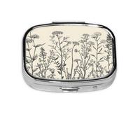 Square Pill Box, Mini Metal Pill Case for Pocket Purse, Vintage Flower Herbs Plants Small Pill Organizer for Travel, 2 Compartment Pill Holder, 2.2x1.6x0.7in