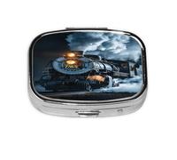 Square Pill Box, Mini Metal Pill Case for Pocket Purse, Vintage Steam Train Small Pill Organizer for Travel, 2 Compartment Pill Holder, 2.2x1.6x0.7in