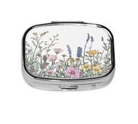 Square Pill Box, Mini Metal Pill Case for Pocket Purse, Vintage Wildflower Plants Herbs Small Pill Organizer for Travel, 2 Compartment Pill Holder, 2.2x1.6x0.7in