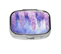 Square Pill Box, Mini Metal Pill Case for Pocket Purse, Watercolor Lavender Purple Flowers Small Pill Organizer for Travel, 2 Compartment Pill Holder, 2.2x1.6x0.7in