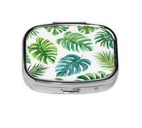 Square Pill Box, Mini Metal Pill Case for Pocket Purse, Watercolor Tropical Palm Leaves Small Pill Organizer for Travel, 2 Compartment Pill Holder, 2.2x1.6x0.7in