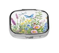 Square Pill Box, Mini Metal Pill Case for Pocket Purse, Wildflowers Dragonfly Butterfly Herbs Small Pill Organizer for Travel, 2 Compartment Pill Holder, 2.2x1.6x0.7in