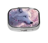 Square Pill Box, Mini Metal Pill Case for Pocket Purse, Wolf Tree Flower Cherry Blossoms Small Pill Organizer for Travel, 2 Compartment Pill Holder, 2.2x1.6x0.7in