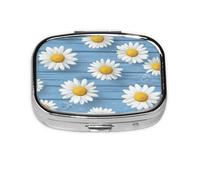 Square Pill Box, Mini Metal Pill Case for Pocket Purse, Wooden Daisy Flowers Small Pill Organizer for Travel, 2 Compartment Pill Holder, 2.2x1.6x0.7in