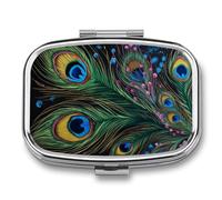 Square Pill Box Peacock Feather Pill Case for Purse & Pocket 2 Compartment Medicine Pill Organizer Portable Travel Pillbox Medicine Vitamin Cod Liver Oil Storage Box